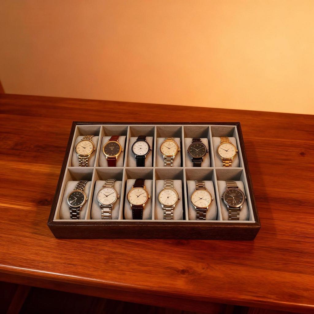 Walnut Grain Watch Display Tray & Stand for Live Broadcasts