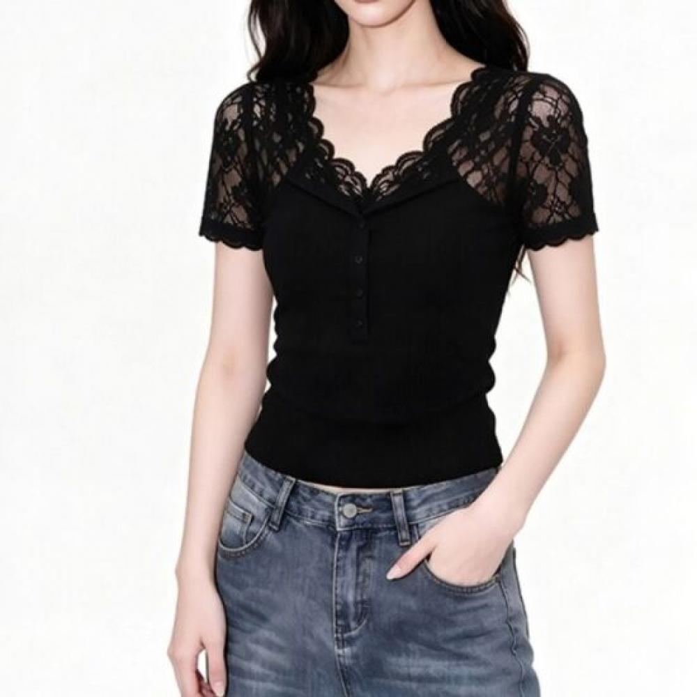 Rellawear Women S Black Lace See Through Short Sleeve Top