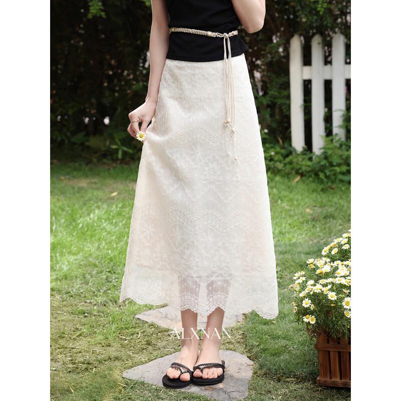 Women s Elegant Apricot Lace A-Line Long Skirt S