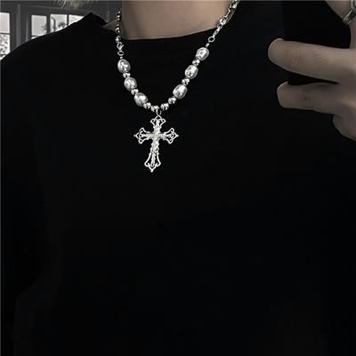 Cruz artificial pérola pingente retro hip-hop acessórios masculino e feminino colar all-match