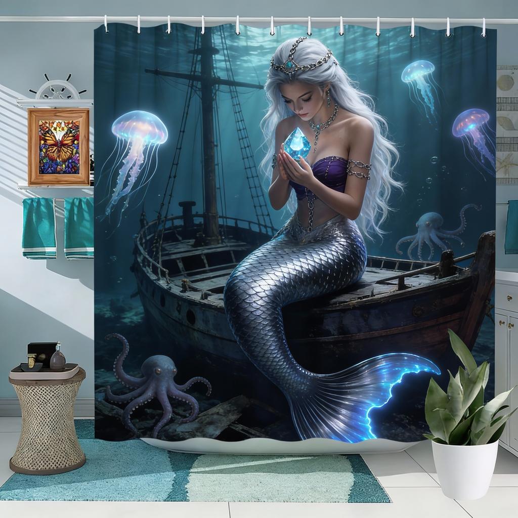 1ks Zlatý ocas mořské panny Podvodní sprchový závěs - Magická koupelnová dekorace, Polyester, Pratelný, 70,8x70,8 palce, Sušit na šňůře, n