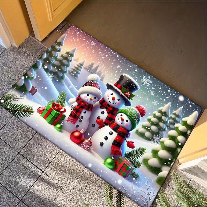 Winter Snowman Flannel Door Mat Carpet, 3 Snowman Print Absorbent Non-Slip for Kitchen Living Room Bedroom Bathroom Decor