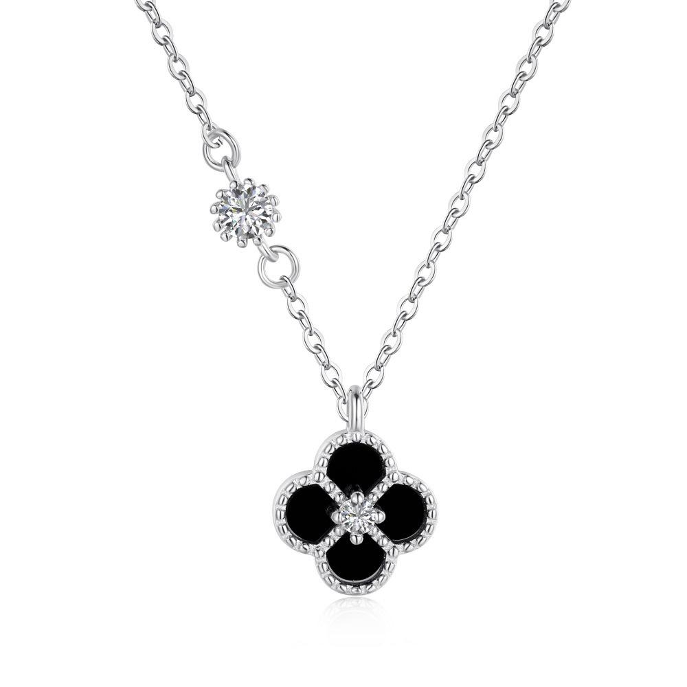 

925 Sterling Silver Black Agate Four-Leaf Clover Pendant Necklace - Women s Japanese & Korean Fashion, Light Luxury, Trendy Design 925 Sterling Silver