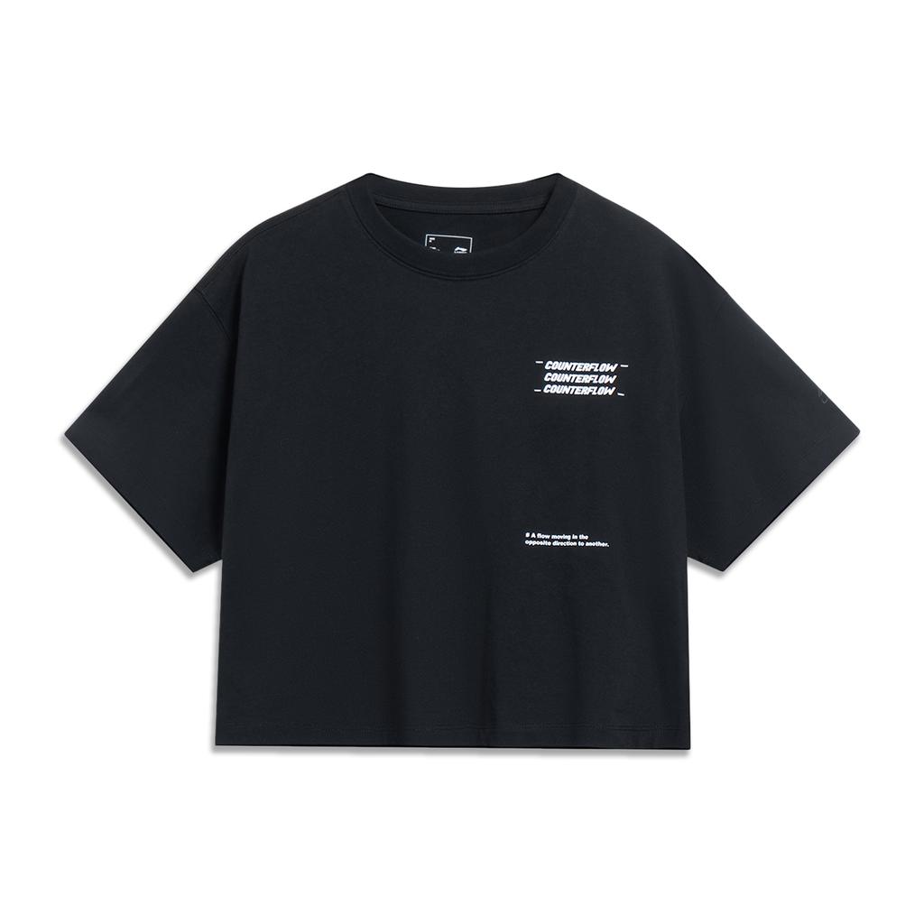 Li Ning CF Su Series Wild Fun Letter Print Loose Short Sleeve T-Shirt Women Tops Black AHST618-2