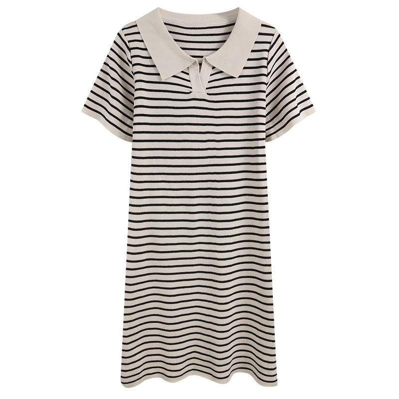 Retro Chic Striped Polo Collar Knit Dress - Summer 2025 Hong Kong Style Bodycon Skirt