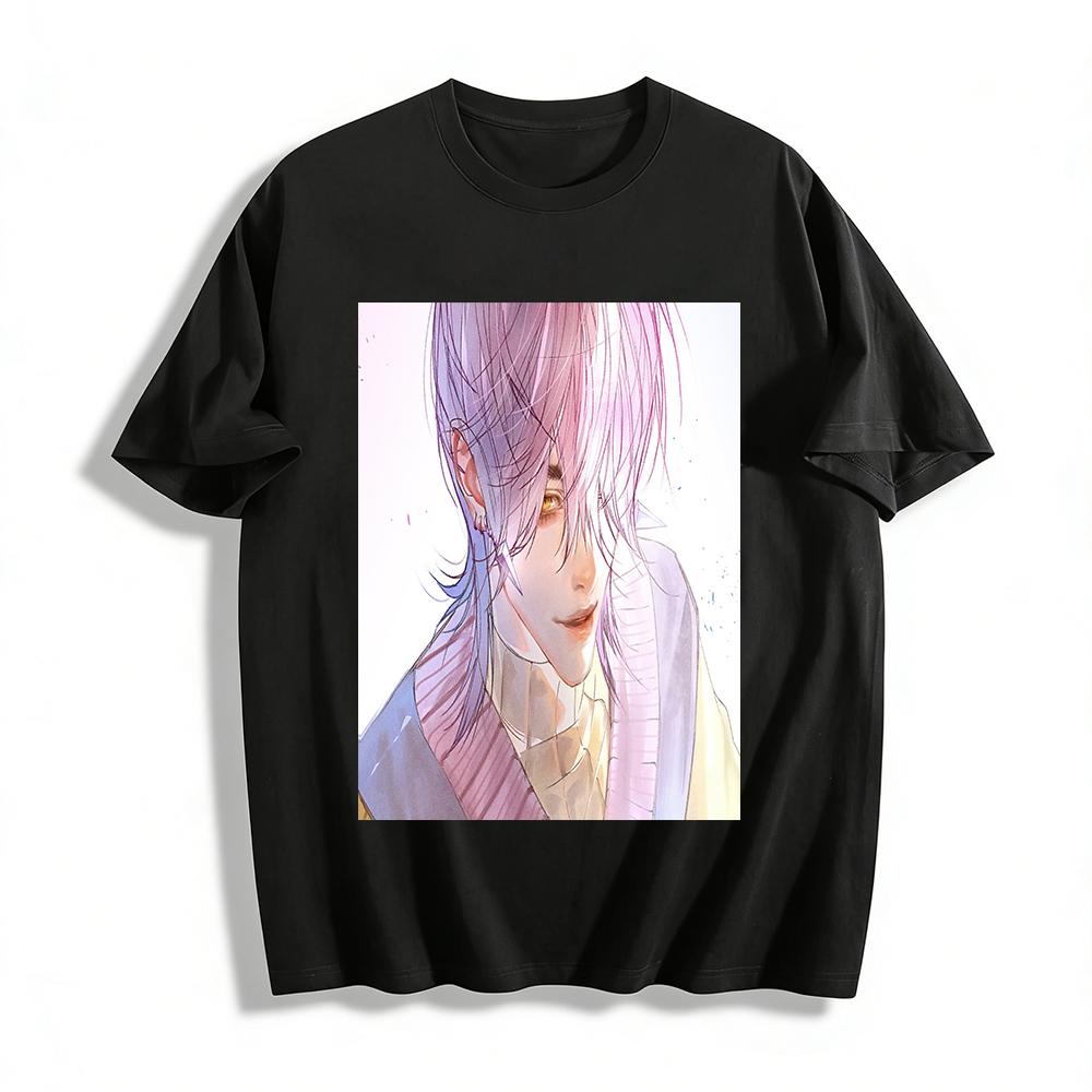Trendy Anime Style T-Shirt with Purple Pink Hair Boy Print Casual Loose Fit Top for Anime Fans Pure cotton T-shirt XXS