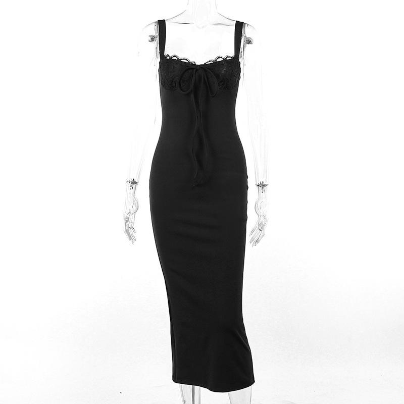 Summer Vacation Temperament Sexy Slim Dress Lace Splicing Split Suspender Dress L