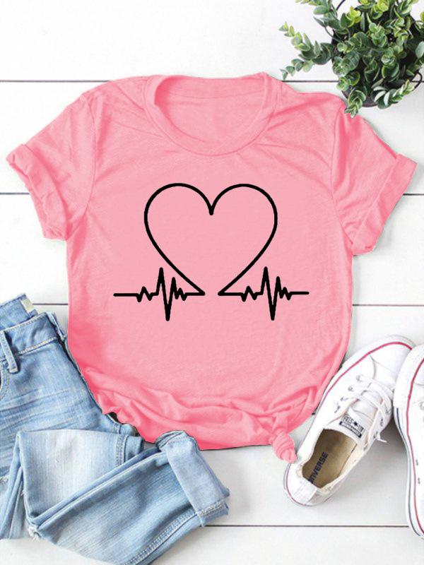 Electrocardiogram Heart Print Women T Shirt Short Sleeve O Neck Loose Women Tshirt Ladies Tee Shirt Tops Clothes Camisetas Mujer