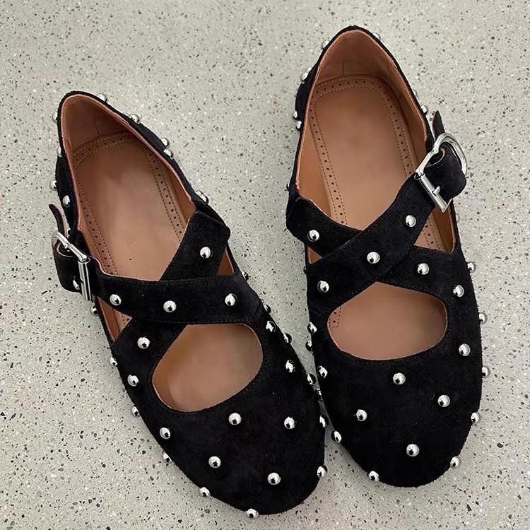 Cowhide version~ Rivet cross one-word buckle flat-soled ballet shoes for women's 2025 new Korean version of round-headed grandma shoes
