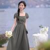 Summer New Gray-green Slim Temperament Dress Women's Square Collar Waist Dress Monet Garden