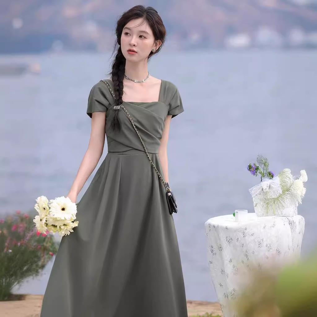 Summer New Gray-green Slim Temperament Dress Women's Square Collar Waist Dress Monet Garden