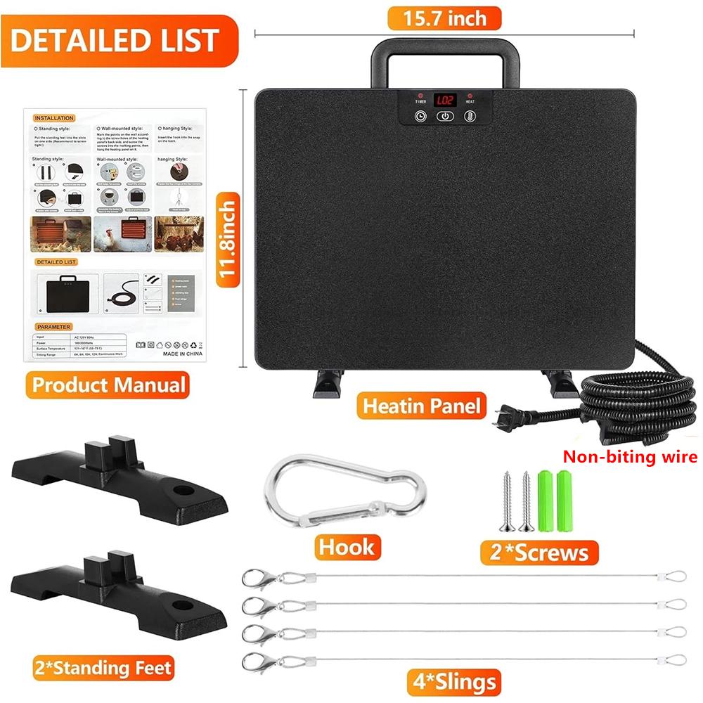 

1 шт. Обогреватель для курятника, термостатическая панель для обогрева птицы, регулируемая температура, зимний фермерский универсальный обогреватель для многих животных чёрный