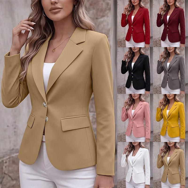 Women S Long Sleeve Blazer Jacket With Turn Down Collar Two Buttons Flap Pockets