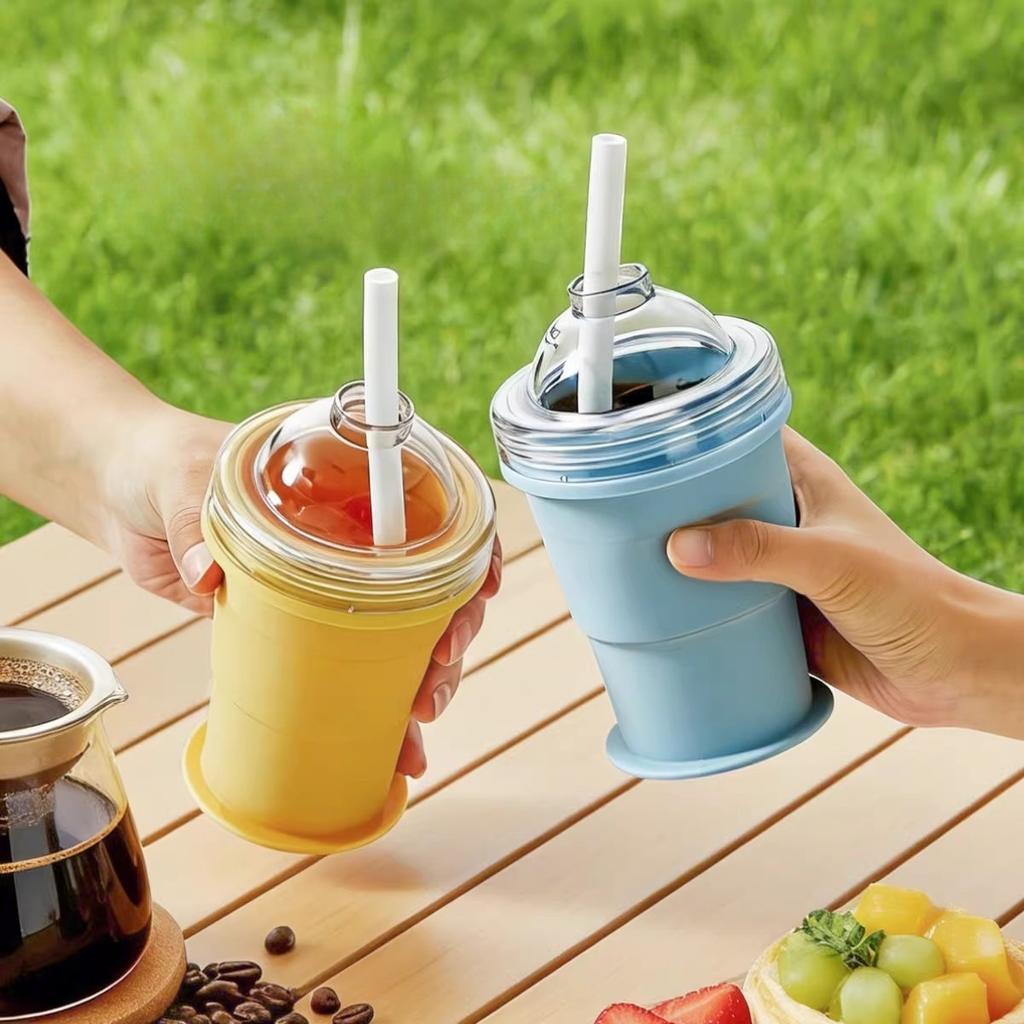 Summer Foldable Ice Ball Cup Silicone Water Bottle and Ice Mold 2in1 Ice Making Cup for Coffee Juice Drinks with Straw Lid