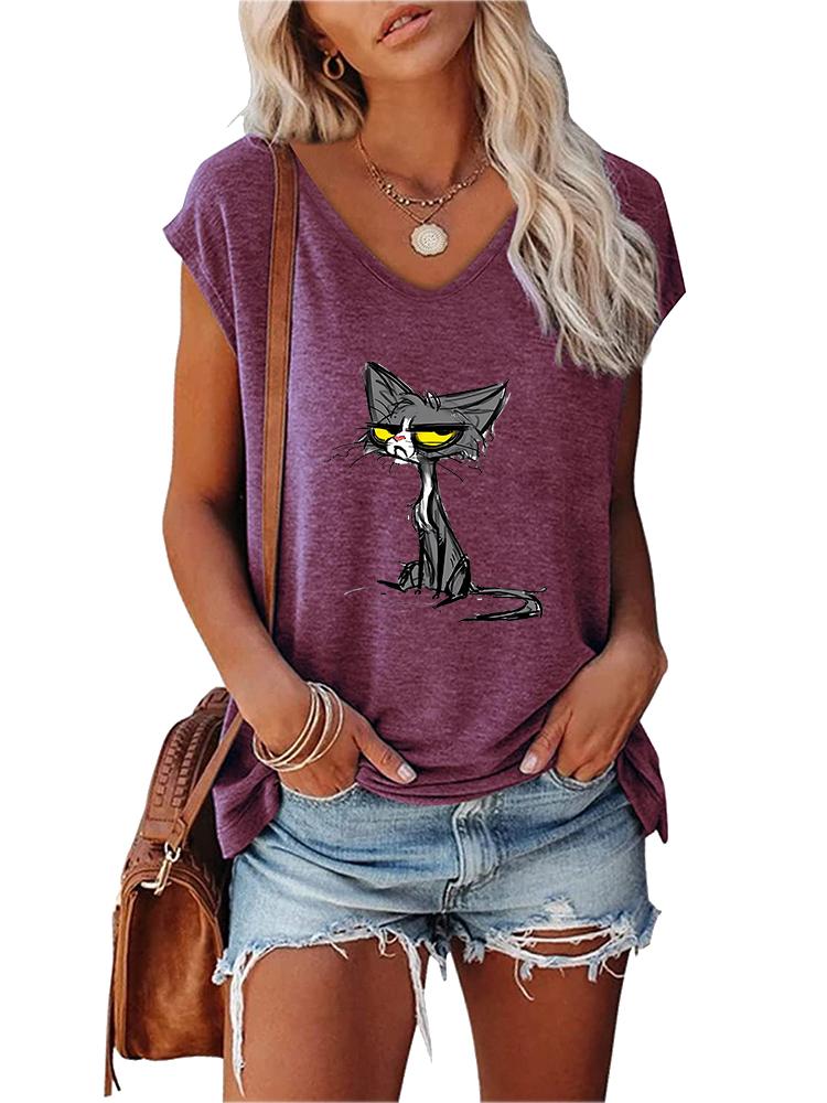 Women Fashion V Collar Short Sleeve Top Summer Casual Print T-shirt