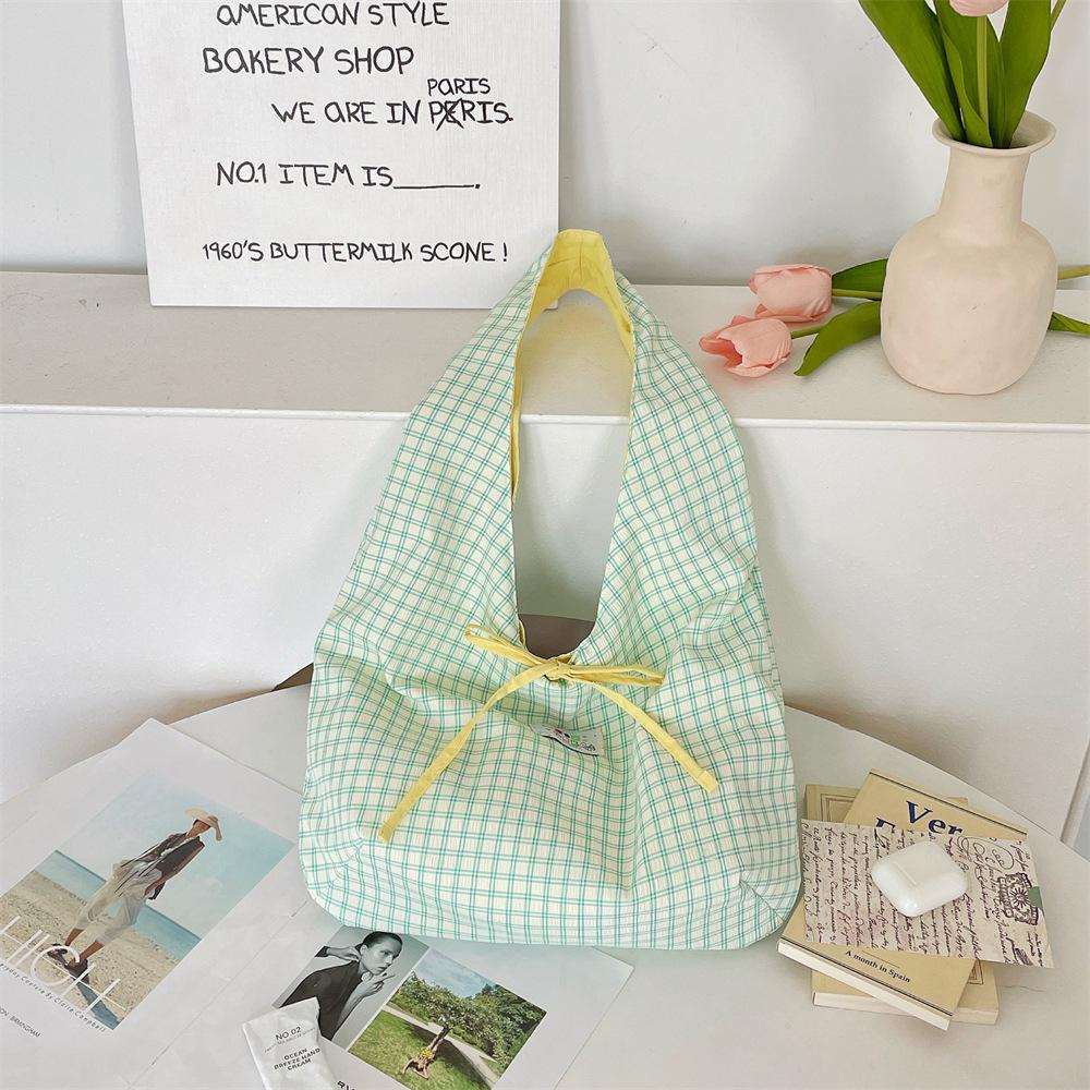 Plaid Candy Color Double Sided Women's Shoulder Bags Sweet Strap Bow Ladies Handbags Large Capacity Portable Female Underarm Bag