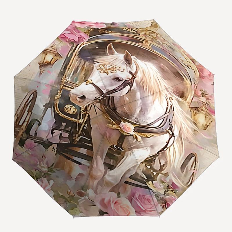 

1pc Carriage Flowers umbrella automatic open/close, 8-Rib Durable Frame, Compact Folding Design, Ideal Birthday/Holiday Gift 1163A