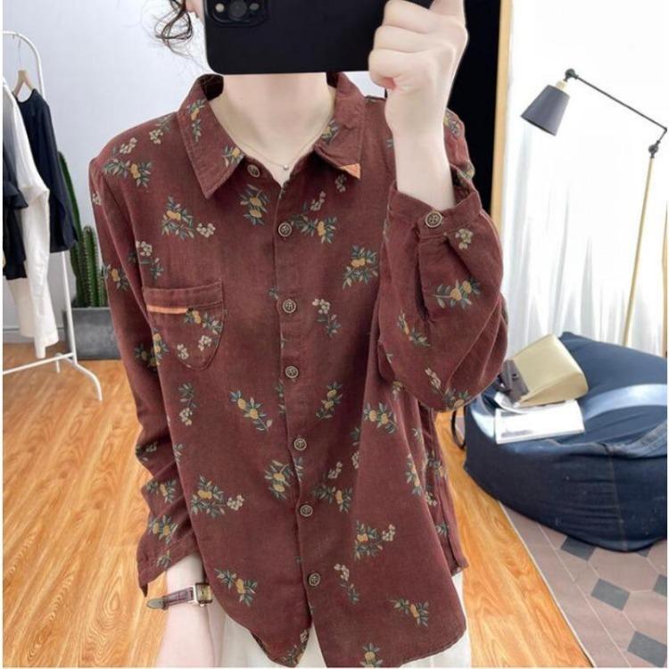 Floral Printed Long Sleeve Top Korean Retro Fashion Women Cotton Linen Autumn Shirt Digital Design Blouse