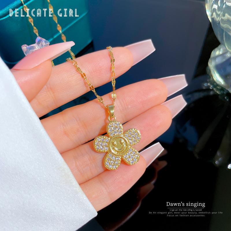 Light Luxury Flower Smiley Face Micro-Inlaid Real Gold Necklace Female Transfer Bead Collarbone Chain With Jewelry