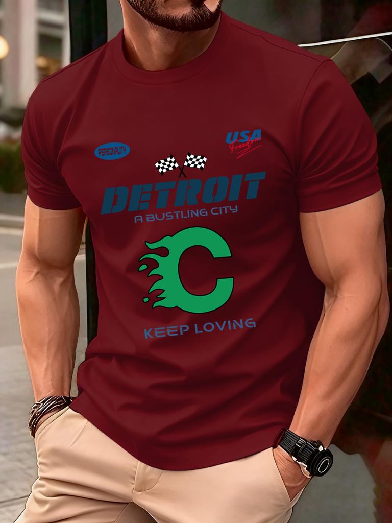 Detroit Usa Sport Pattern Design TShirts Men Cotton Casual Trendy T Shirt Retro Soft Clothing Summer Crewneck Streetwear