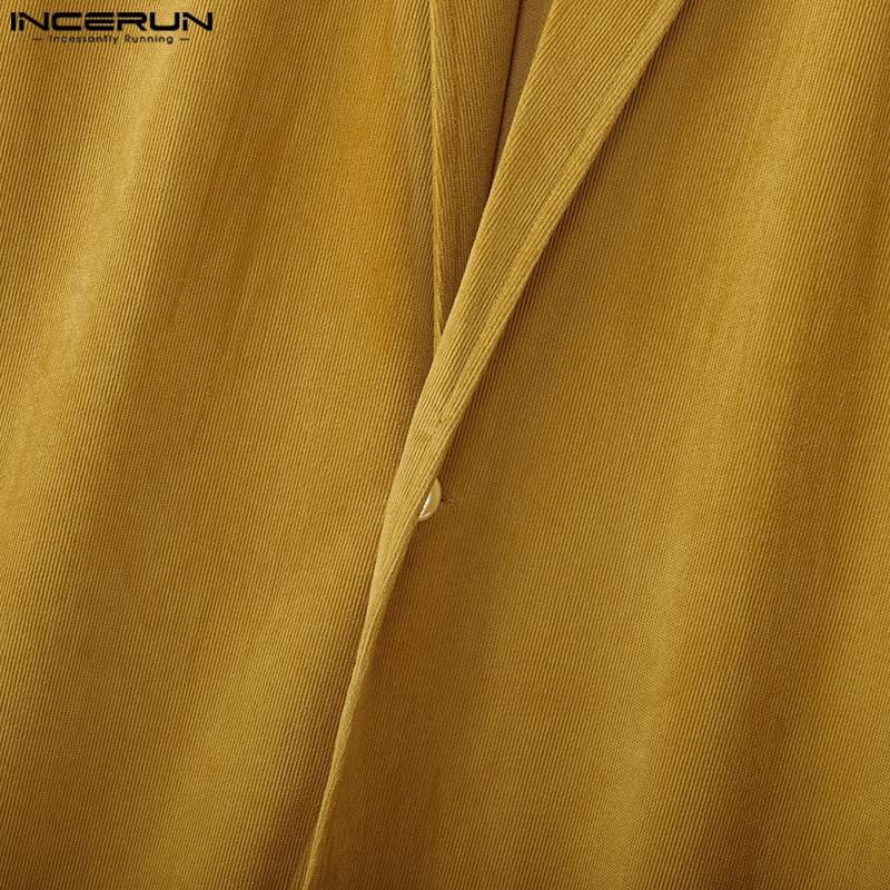 INCERUN Autumn Men Long Sleeve High Splits Open Front Long Corduroy Coats Windbreaker