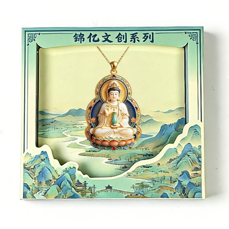 Collier Pendentif Guanyin en Alliage de Zinc Fait Main avec Base Lotus Design Relief Floral Souvenir de Voyage pour Femmes Hommes