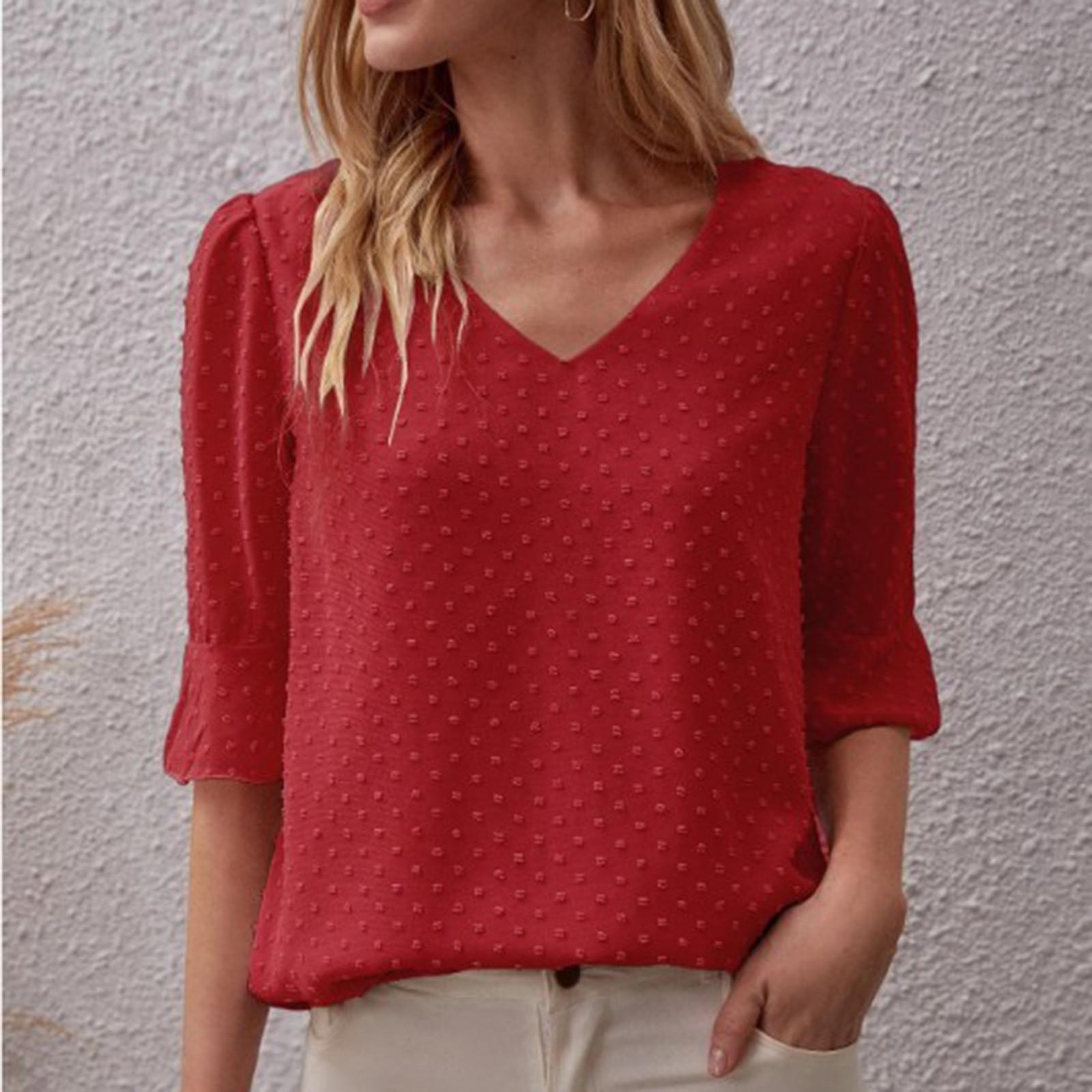 

Женская модная повседневная однотонная шифоновая свободная футболка с короткими рукавами и v-образным вырезом, топ XXL красный