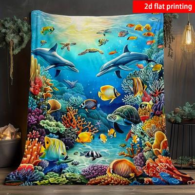 2D Flat Printing 1pc Ocean-themed Single-sided Printed Flannel Blanket. Suitable for Travel Camping Living Rooms Office Naps Sofas
