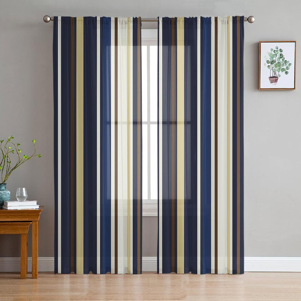 Geometric Blue Stripe Chiffon Sheer Curtains Used for Family Rm Room Area Bedroom Home Decoration Window Voiles Tulle Curtain