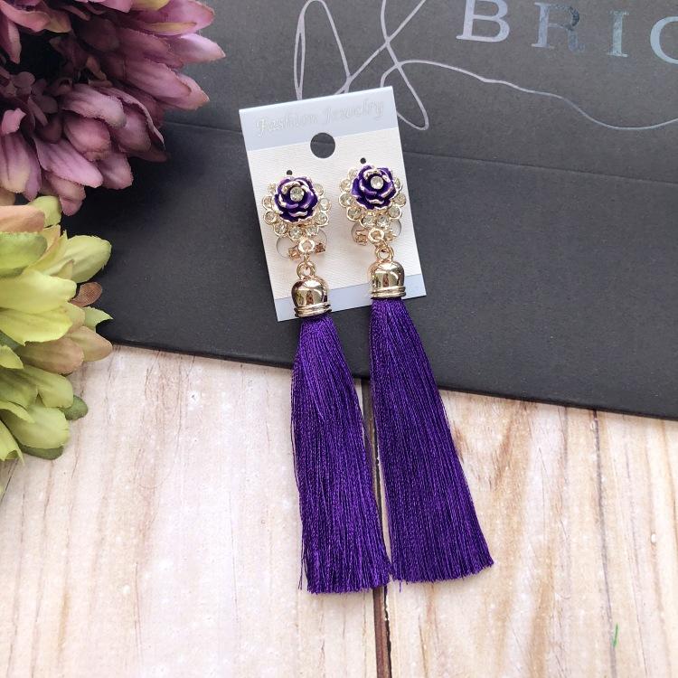 Retro flower gemstone with diamond fringed stud earrings long celebrity temperament earrings women's versatile earrings