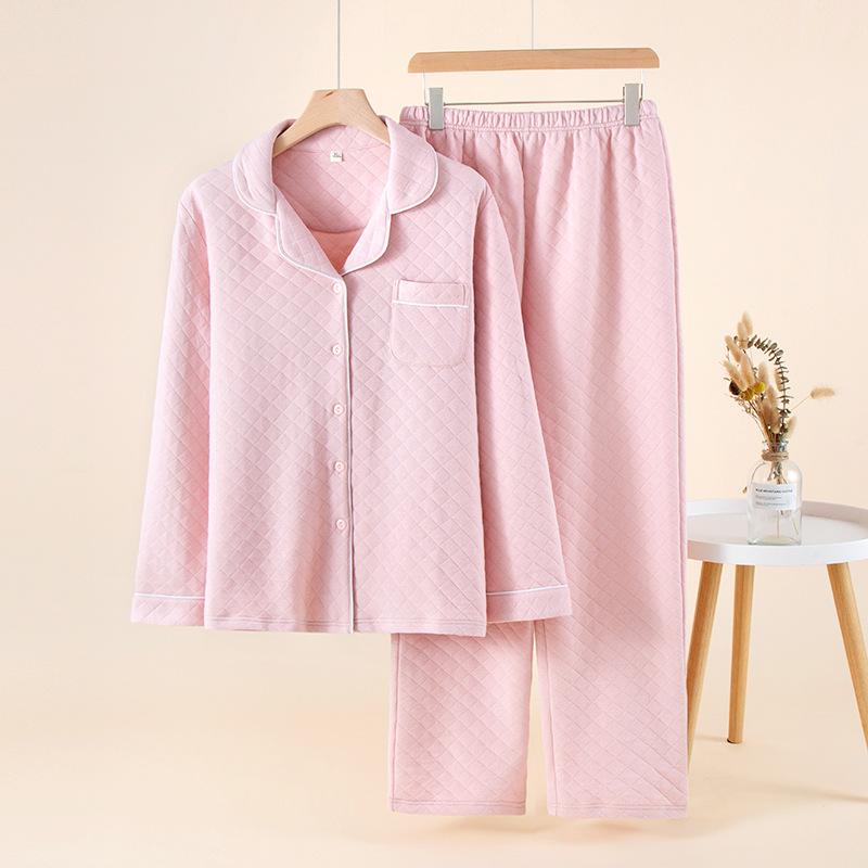 Couple pajamas women's autumn and winter air layer padded cotton simple solid color homewear men's printless pure cotton homewear