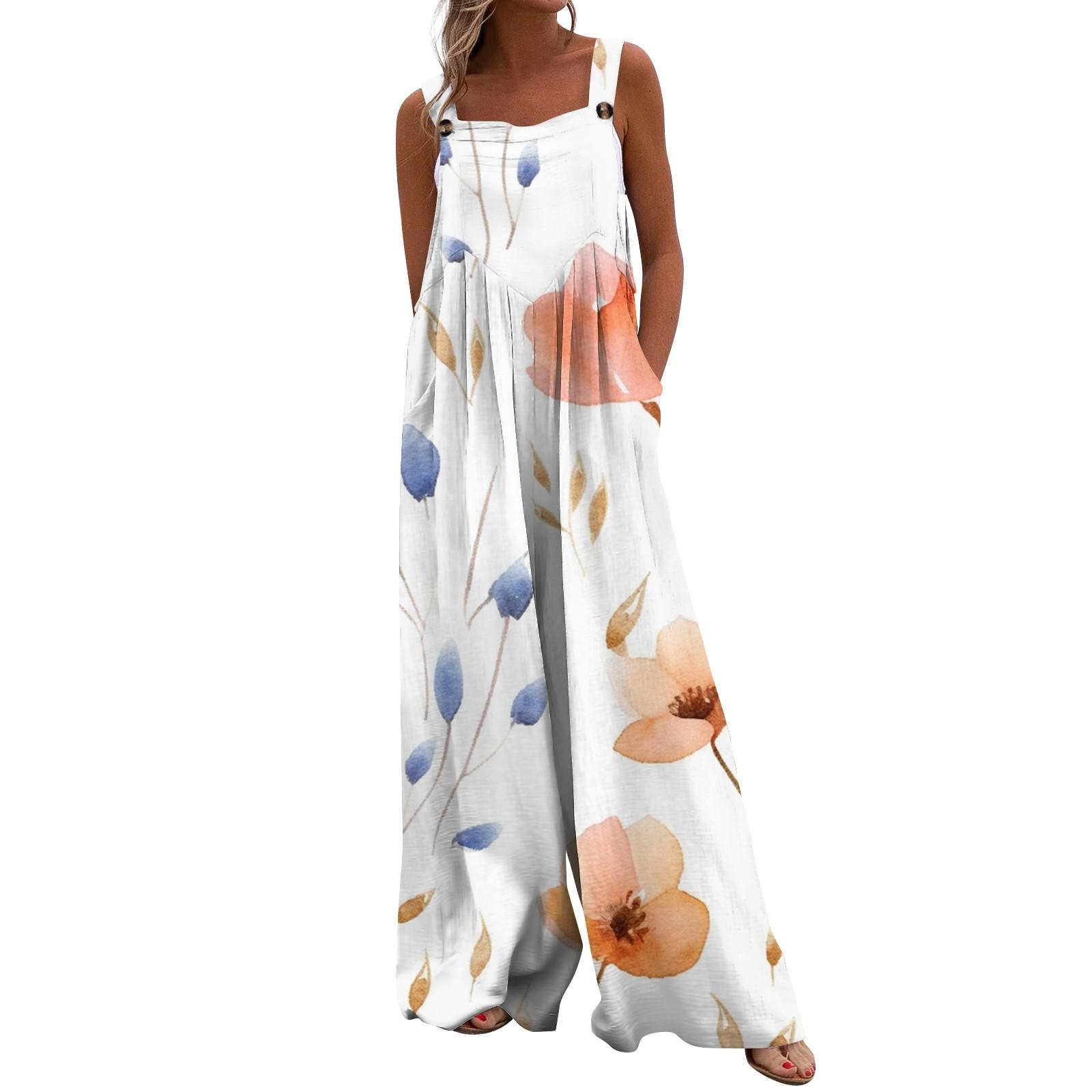 Женский модный свободный комбинезон без рукавов с цветочным принтом и карманами S — фото 3