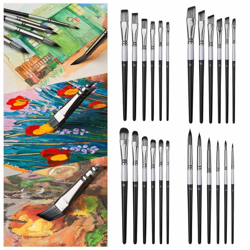6PCS Professional Artist Paintbrush Flat/Oblique/Round/Pointed Tip Paint Brush for Beginner Watercolor Gouache Painting