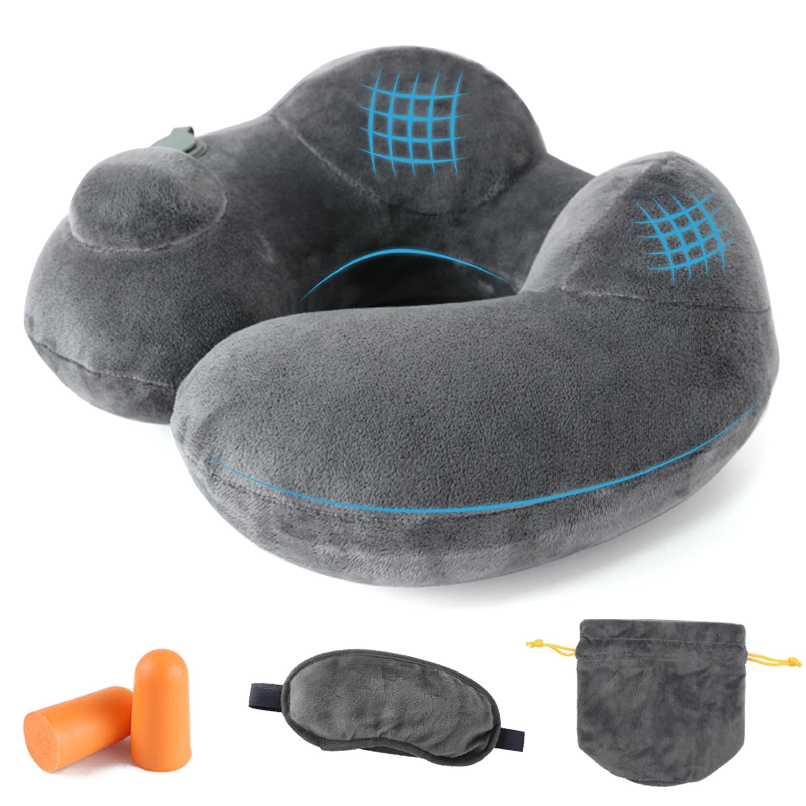 

Надувная подушка для шеи, удобная вещь для портативной шеи, удобный чехол для хранения, беруши, маска для глаз, серая подушка, компактная, подушка насосного типа, самолеты, подушка, серый