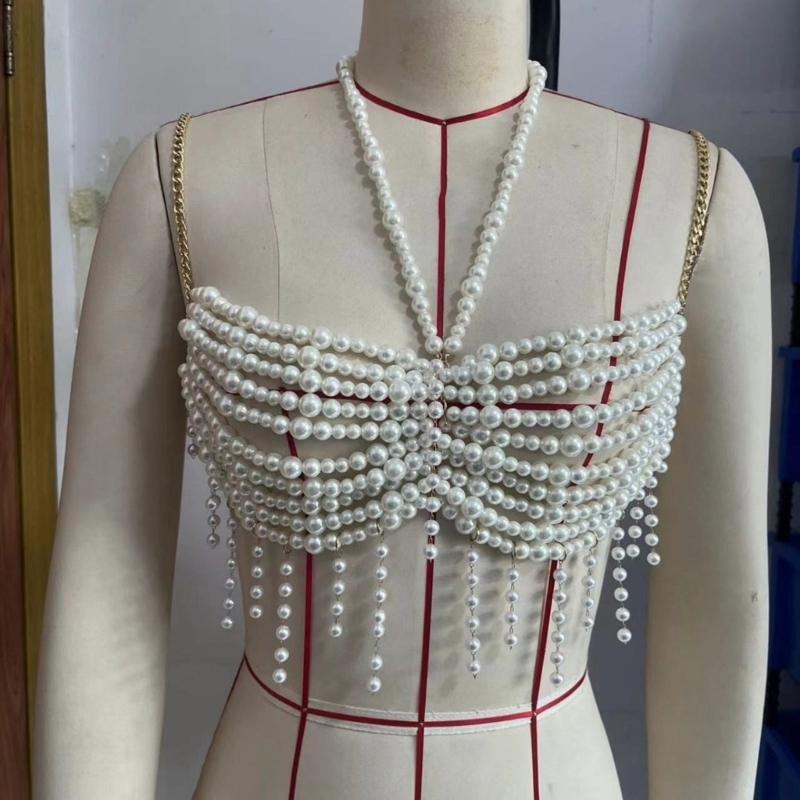 Adjustable Pearls Body Jewelry Body Chain Decoration for Trendy Women Strapless Dresses and Casual Stylish Outfits