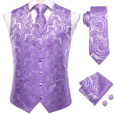 Chaleco para Hombre de Seda Morado Lavanda Lila Conjunto con Corbata Chaqueta sin Mangas Chaleco de Traje Corbata Pañuelo Gemelos Boda Negocios Oversized