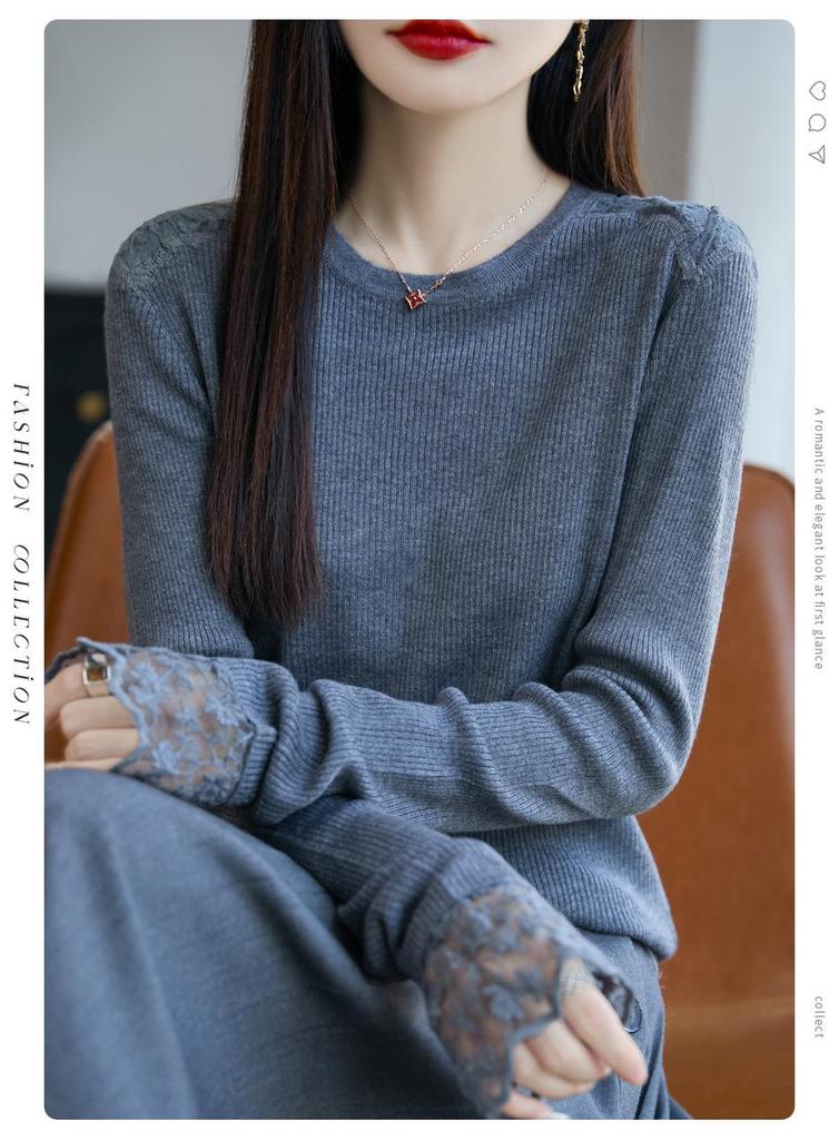 Retro Lazy-Style Knit Sweater with Hollow Lace Design for Women - Versatile Autumn/Winter Fashion