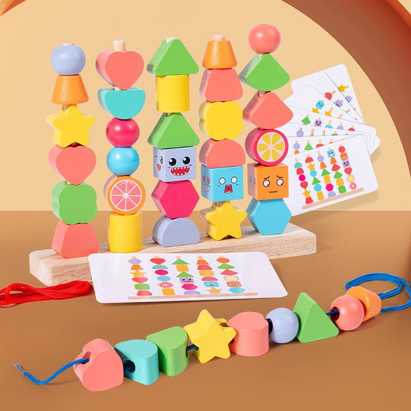 Children's Montessori Wooden Geometric Shape Set: Beaded Building Blocks for Shape Recognition and Early Education.