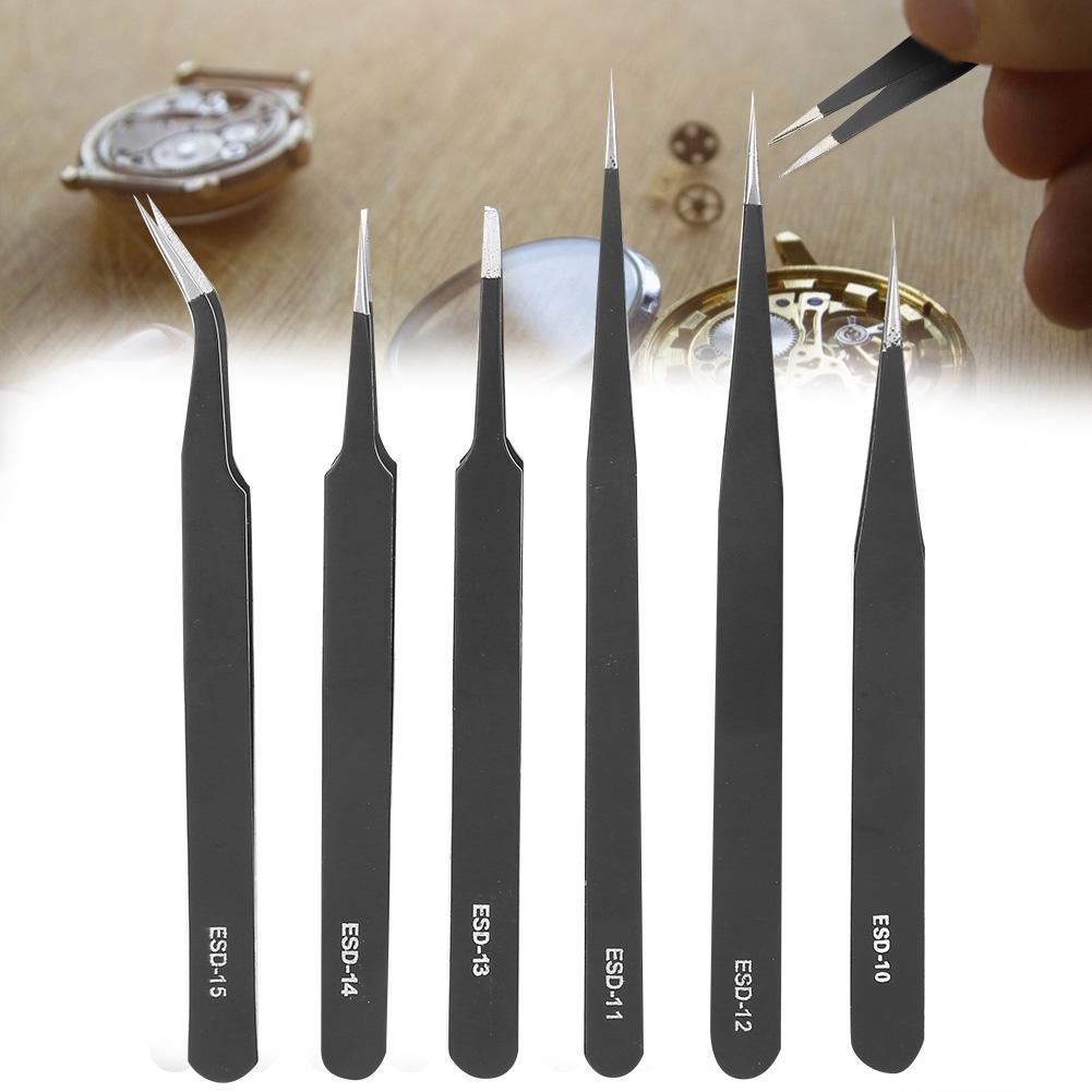 1.5mm 6pcs Stainless Steel Tweezers Set Nail Art Tweezers Watch Repair Tool Accessory