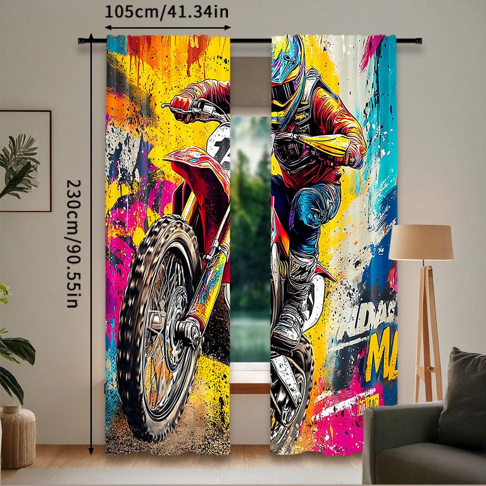 2Pcs Dirt Bike Curtain Teens Men Motorcycle Curtain Colorful Curtain Motocross Rider Motorcyclist Curtain Modern Art Room Decor