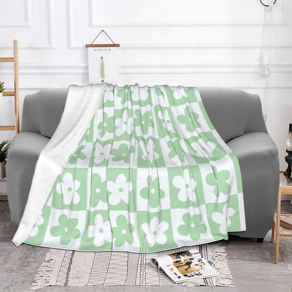 Light Pastel Green And White Checkered Squares With Flowers Creative Design Comfortable Warm Flannel Blanket Blocks Squares