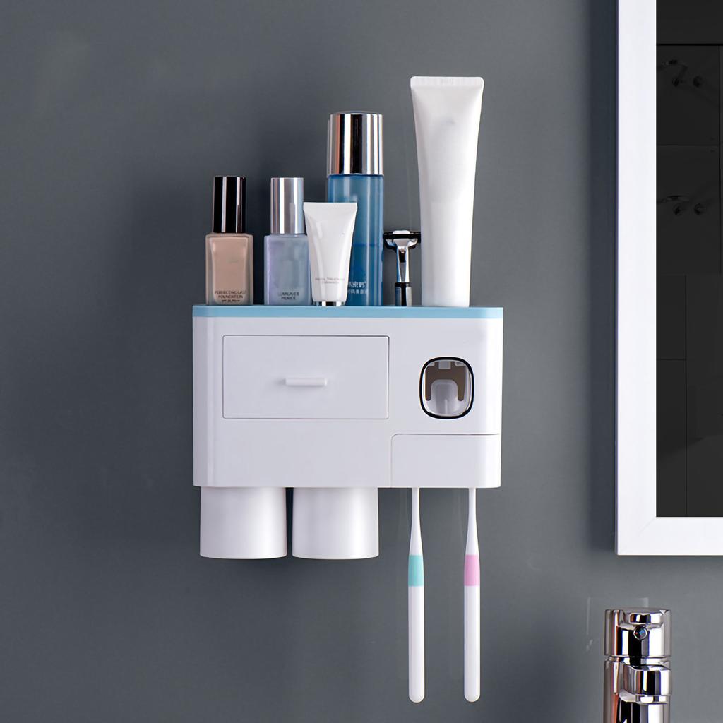 Toothbrush Storage Rack Inverted Magnetic Adsorption Toothbrush Holder Toothpaste Squeezer 4 Blue