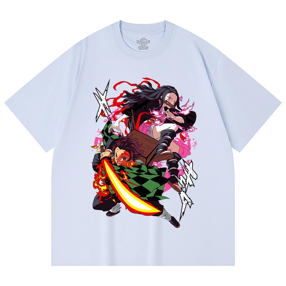 230 Gsm 100% Cotton Demon Slayer V3 Tanjiro Nezuko Print Unisex Heavy Cotton T Shirt