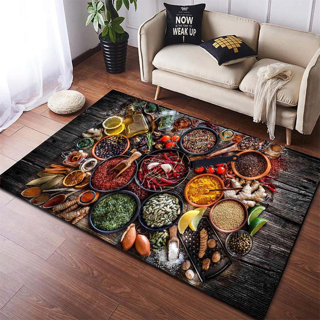 Fußmatte mit schönem Gewürz- und Geschirr-Muster, für Küche, rutschfeste Fußmatten, Badezimmerbereich, Schlafzimmerteppich