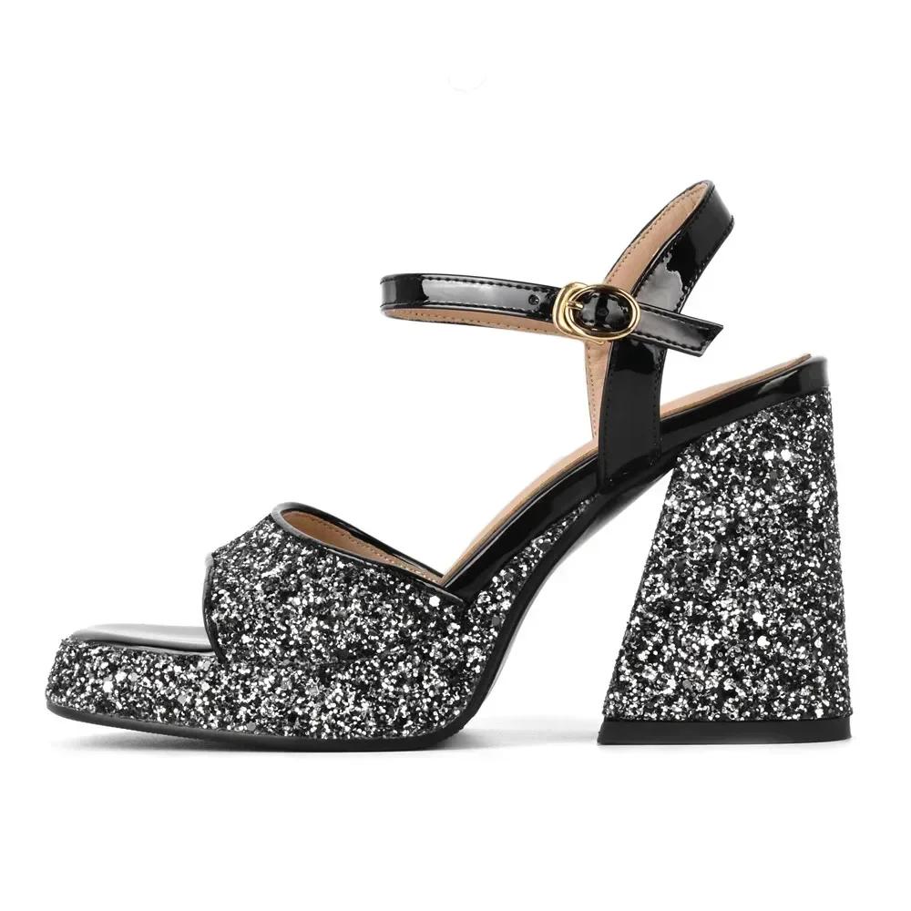 Damen Glitzernde Pailletten Plateau Sandalen Silber Gold Party Schuhe Sommer Absatz Chunky Heel Peep Toe Pailletten Damen Pantoletten Sandalen