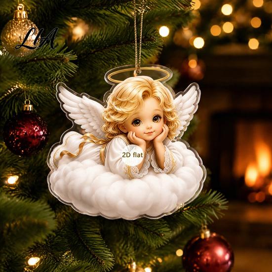 Festive Tree Ornament Christmas Angel Pendant with Lanyard, 2D Flat Acrylic Hanging for Party Decor Decoration, Cute Holiday Car Window Decoration