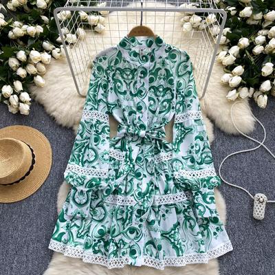 Frühling Herbst Frauen Laterne Ärmel Druck Spitze Patchwork Elegante Einreiher Party Urlaub Kleider