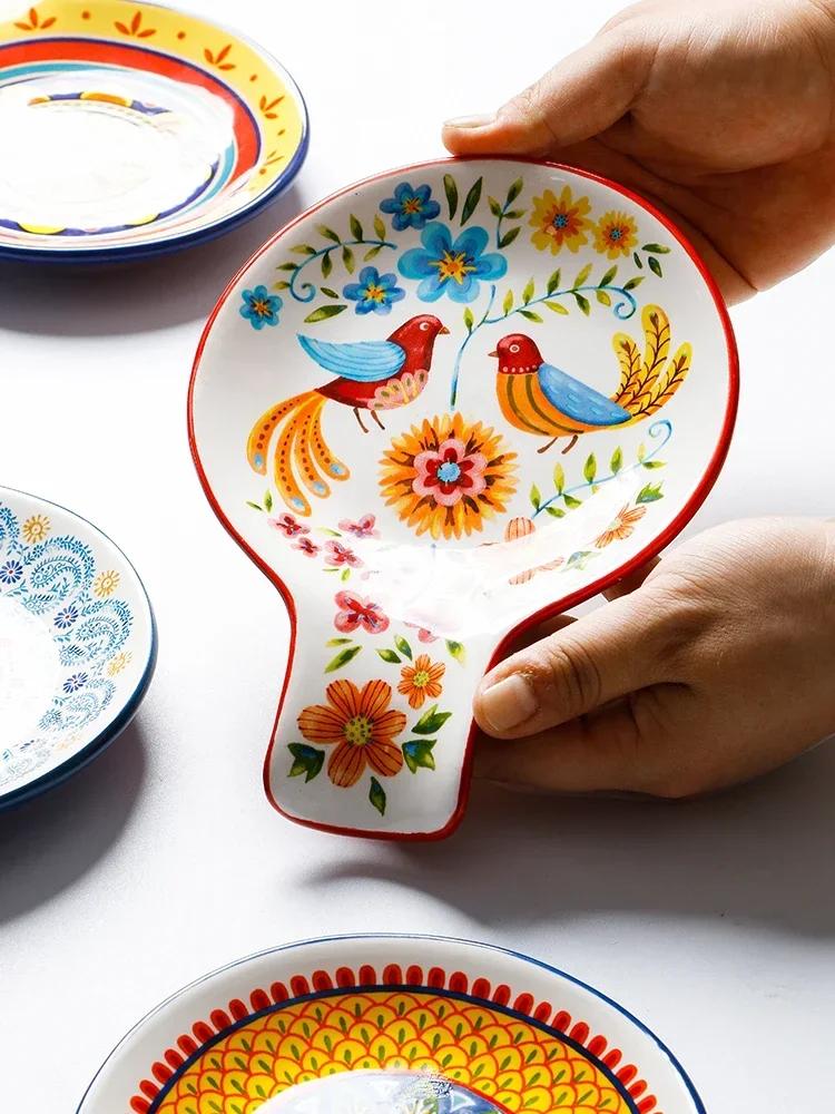 Specialty Restaurant Ceramic Plates, Creative Spoon Shaped Flower and Bird Patterned Snack Plates, Irregular Dessert Plates