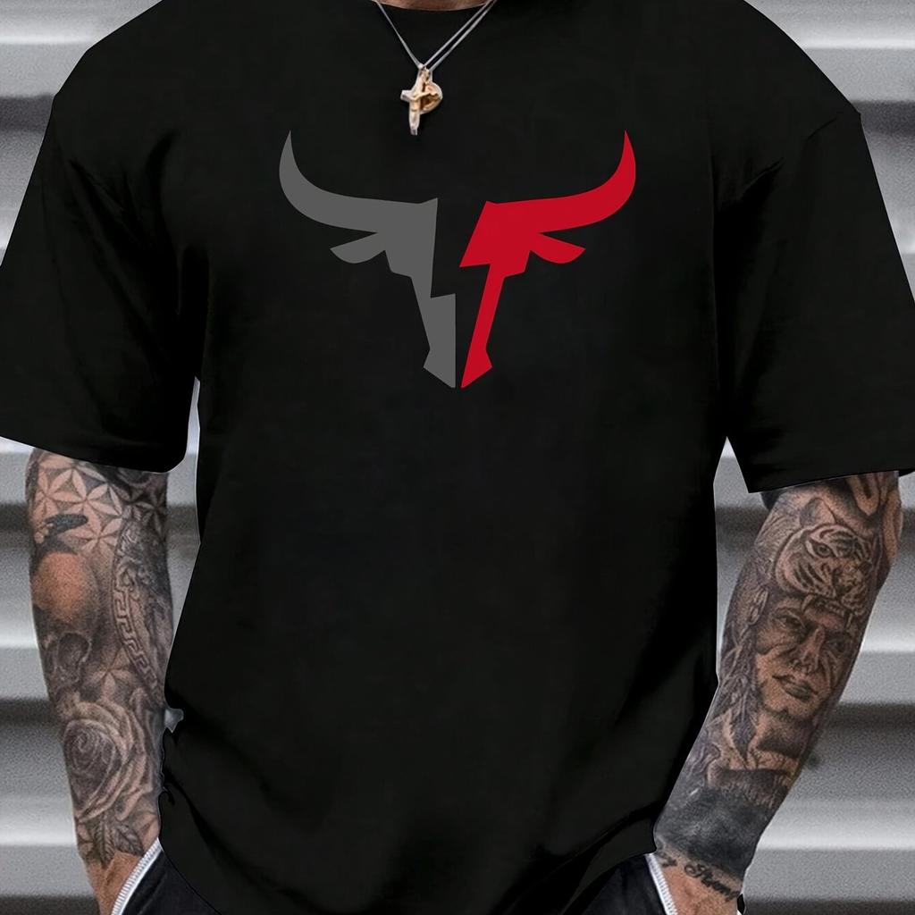 Summer Men's 100% Cotton Comfortable Casual Loose Fit Plus Size Bull Pattern Print Sports Round Neck Short Sleeved T-shirt Top