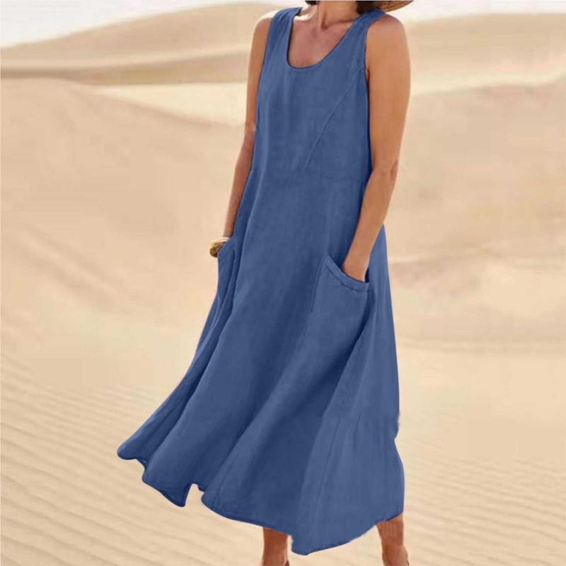 Summer Pocket Sleeveless Round Neck Women's Cotton and Linen Dress Lady Loose Solid Color Pullover Big Swing Dress